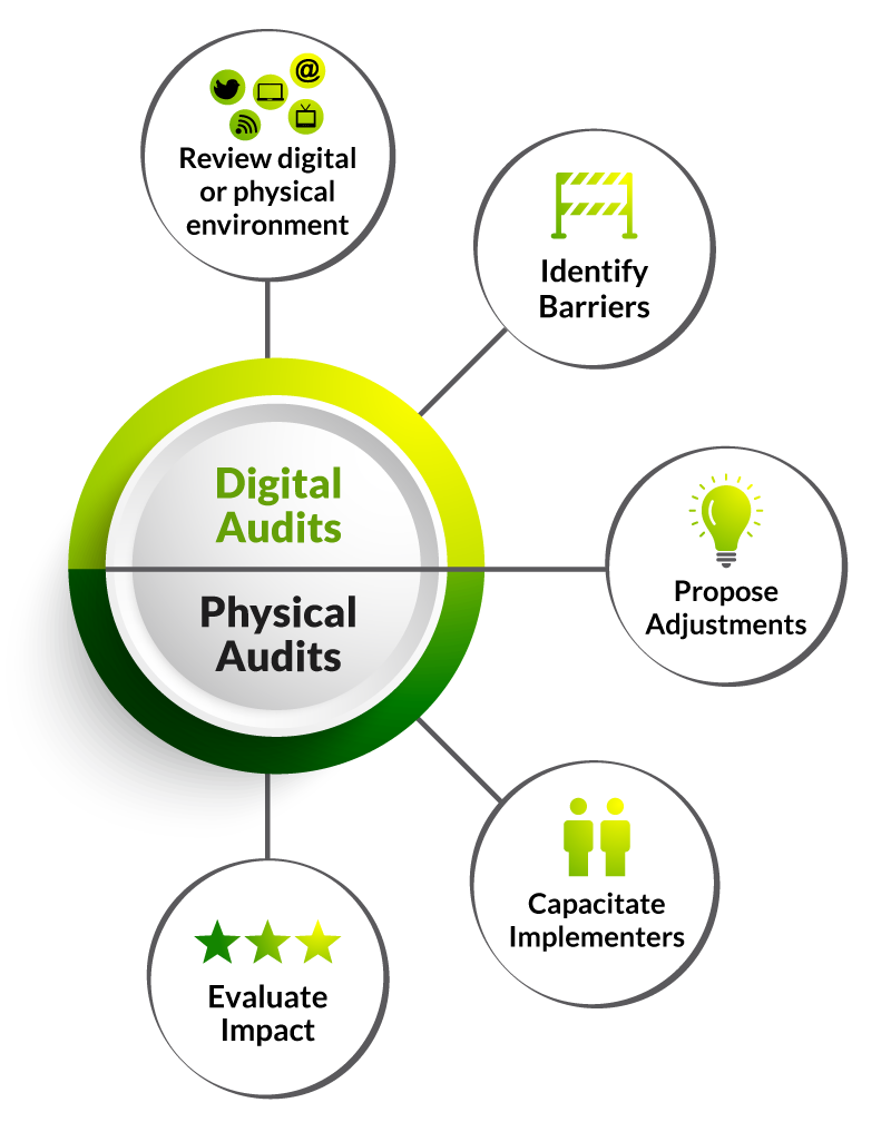 Digital Audits and Physical Audits include: 1. Review Digital or physical environment. 2. Identify Barriers. 3. Propose Adjustments. 4. Capacitate Implementers. 5. Evaluate the impact.